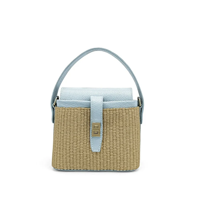 Mini-sac à main en cuir et raphia SIENNA Bleu pastel