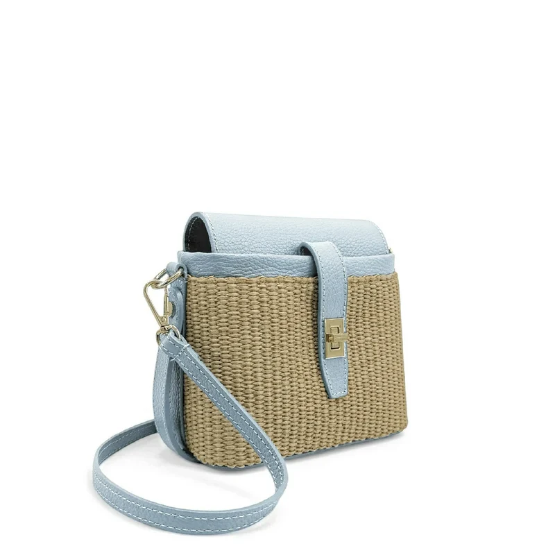 Mini-sac à main en cuir et raphia SIENNA Bleu pastel