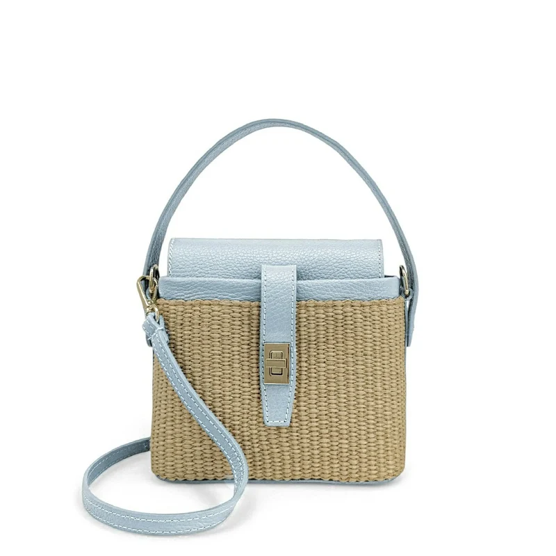 Mini-sac à main en cuir et raphia SIENNA Bleu pastel