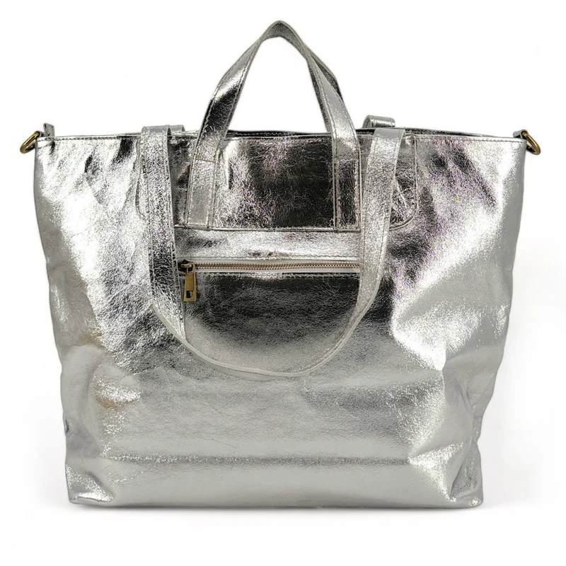 Grand sac cabas en cuir irisé ANDROMEDE Argent moyen