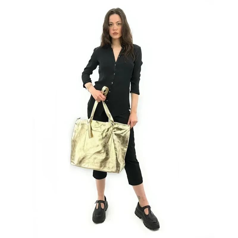 Grand sac cabas en cuir irisé CASSIOPEE Or pâle