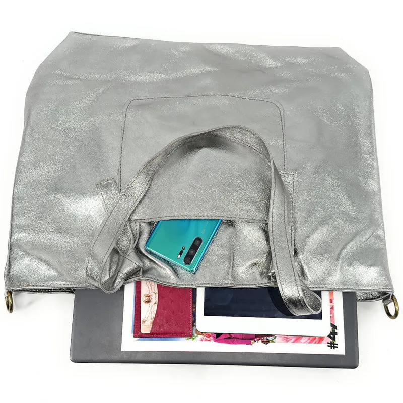Grand sac cabas en cuir irisé CASSIOPEE Argent moyen