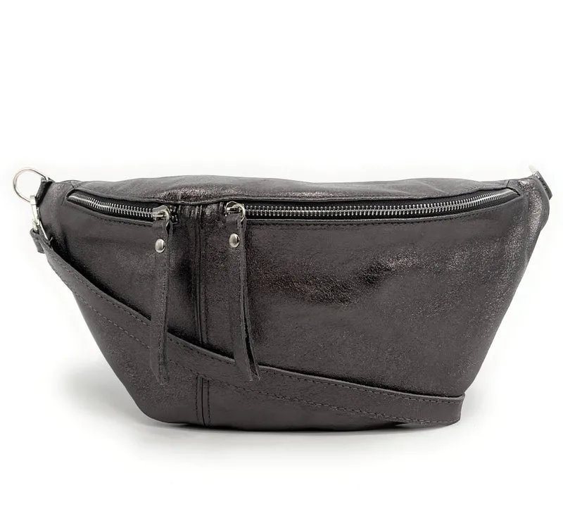 Sac banane en cuir irisé LILOU GLOW Argent foncé