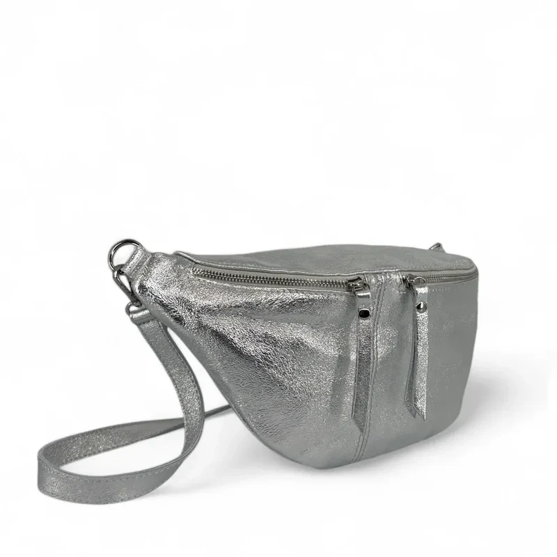 Sac banane en cuir irisé LILOU GLOW Argent moyen