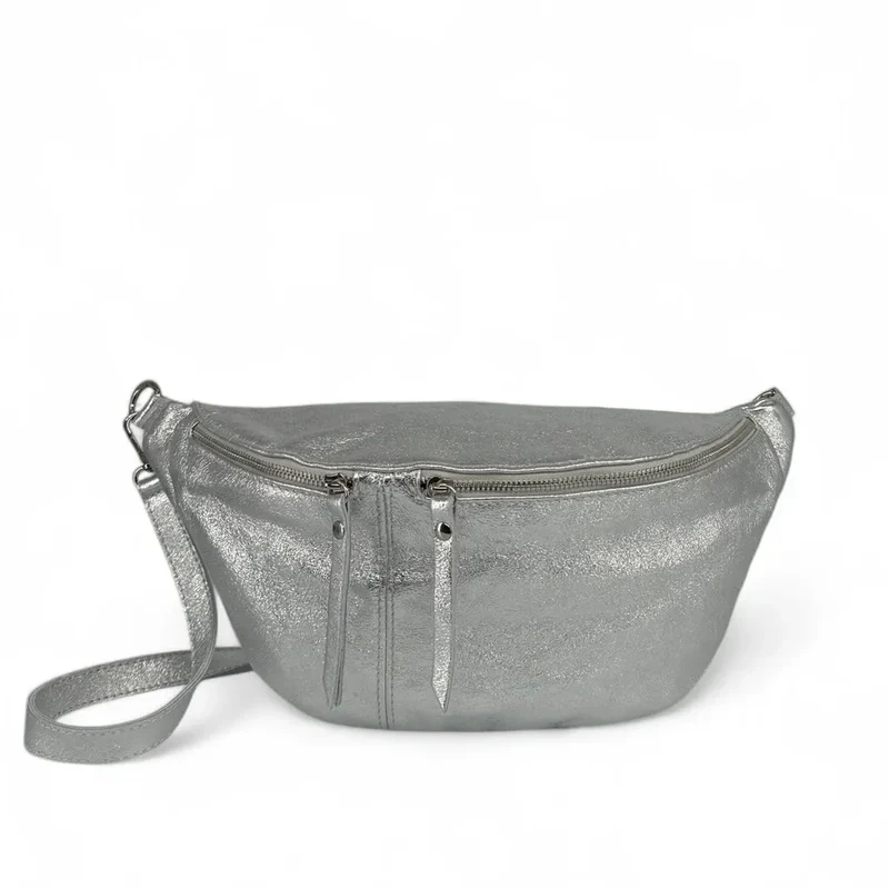 Sac banane en cuir irisé LILOU GLOW Argent moyen