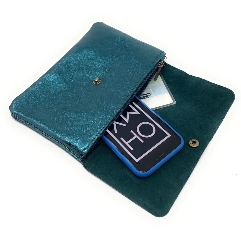 Sac pochette en cuir irisé MAELIA Bleu vert canard