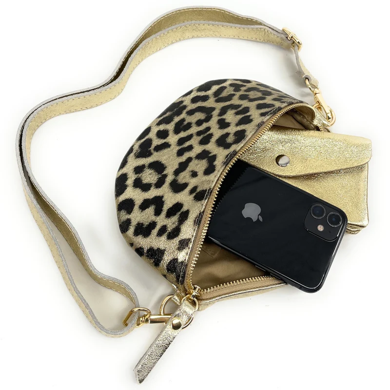 Sac banane en cuir irisé LOU-DO JUNGLE Léopard or pâle