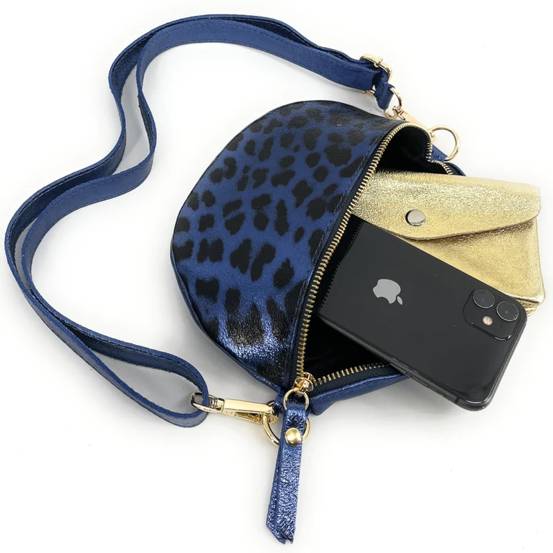 Sac banane en cuir irisé LOU-DO JUNGLE Léopard bleu profond