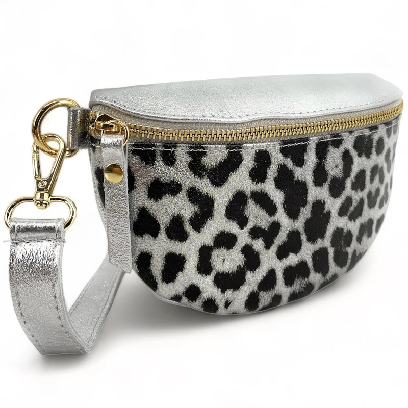 Sac banane en cuir irisé LOU-DO JUNGLE Léopard argent clair
