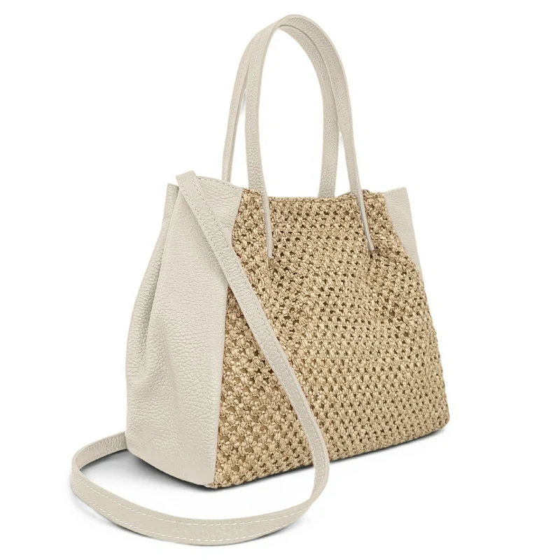 Sac cabas en cuir grainé et raphia OXANE Beige crème