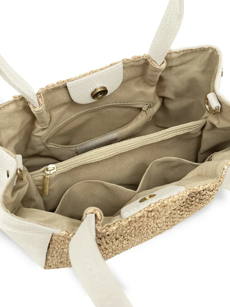 Sac cabas en cuir grainé et raphia OXANE Beige crème