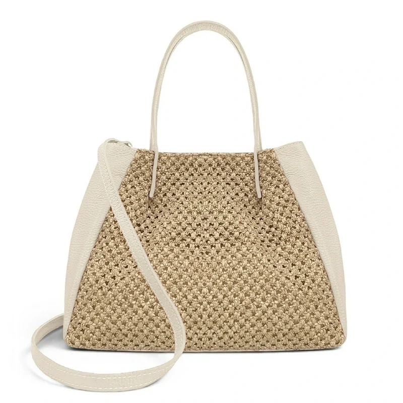 Sac cabas en cuir grainé et raphia OXANE Beige crème