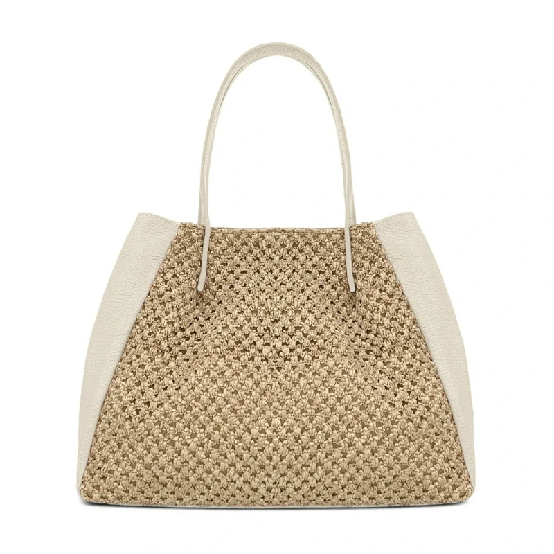 Sac cabas en cuir grainé et raphia OXANE Beige crème