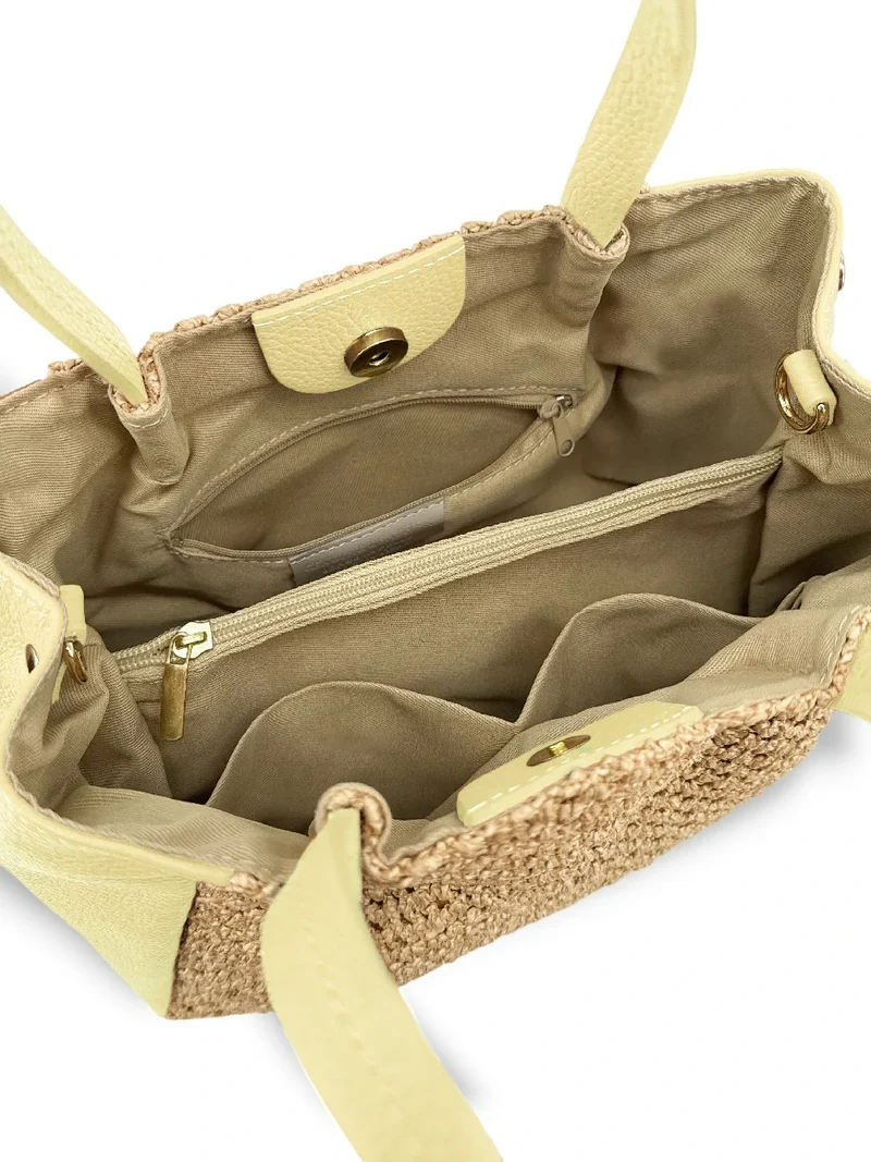 Sac cabas en cuir grainé et raphia OXANE Soft jaune