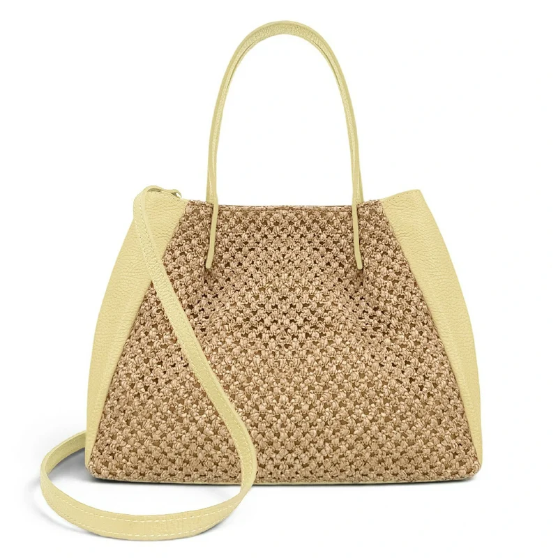 Sac cabas en cuir grainé et raphia OXANE Soft jaune