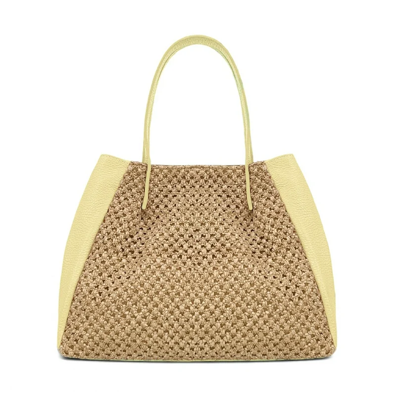 Sac cabas en cuir grainé et raphia OXANE Soft jaune