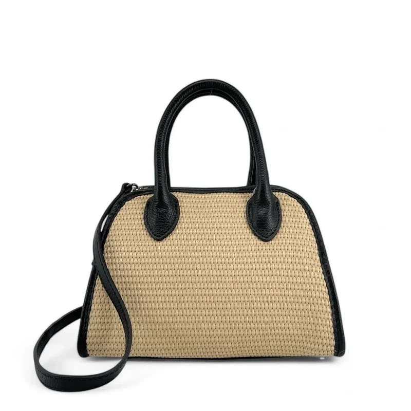 Sac bowling en cuir grainé et raphia VALENTINA Noir