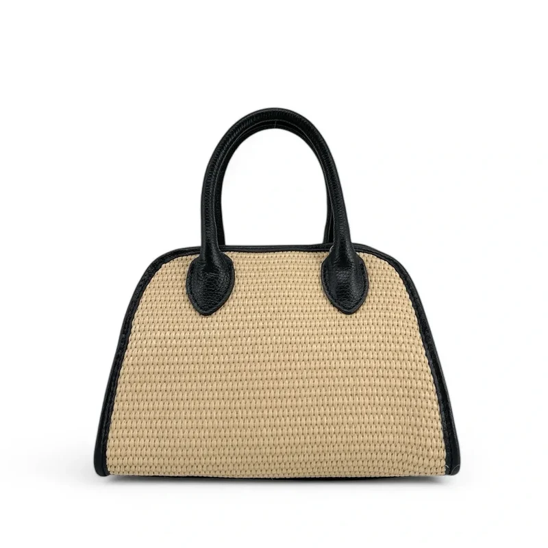 Sac bowling en cuir grainé et raphia VALENTINA Noir