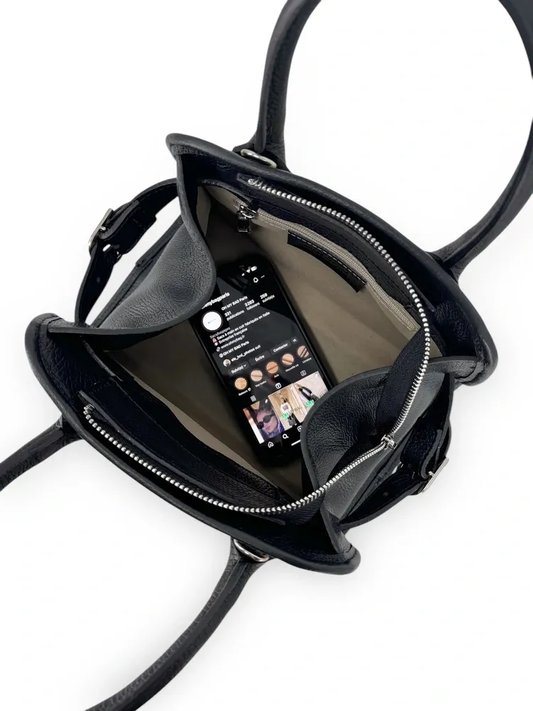 Sac bowling en cuir grainé et raphia VALENTINA Noir