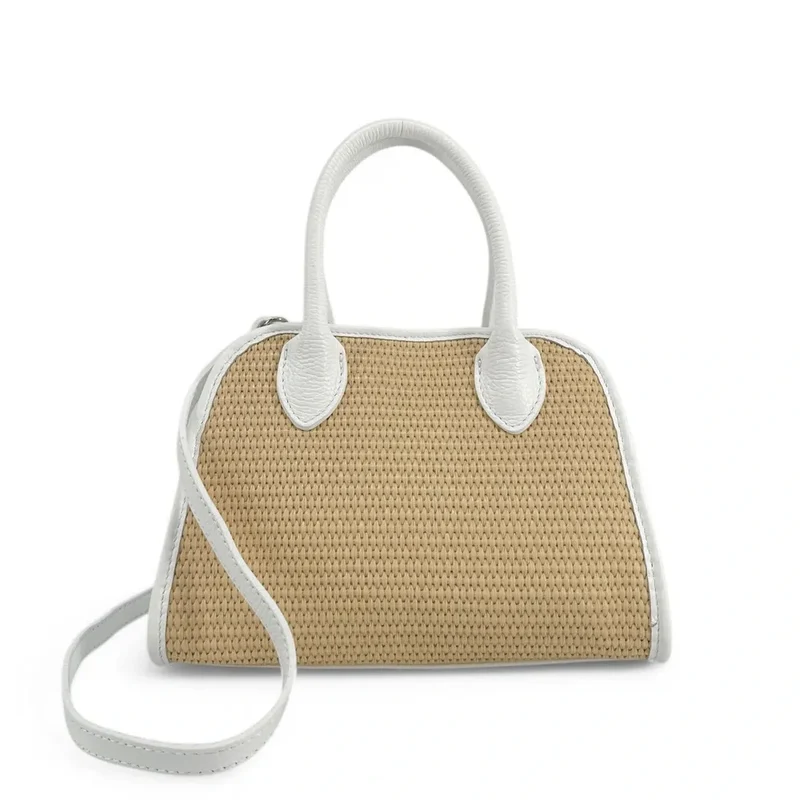 Sac bowling en cuir grainé et raphia VALENTINA Blanc