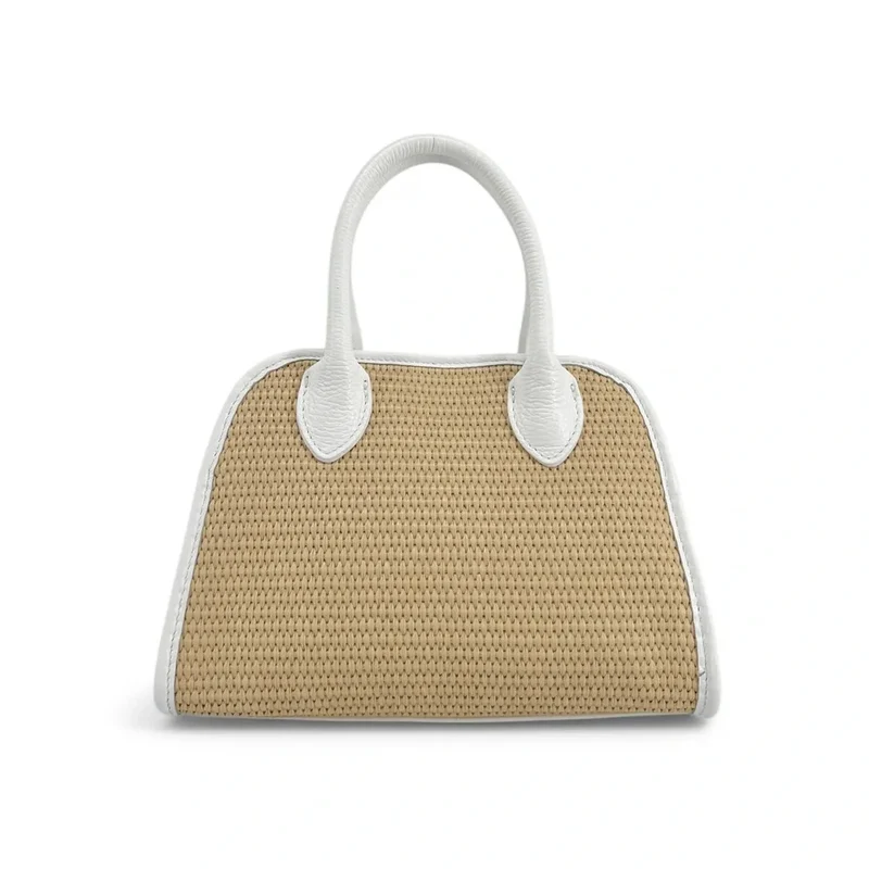 Sac bowling en cuir grainé et raphia VALENTINA Blanc