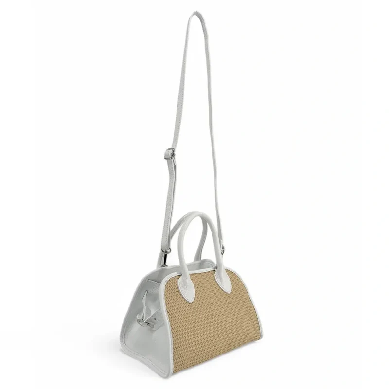 Sac bowling en cuir grainé et raphia VALENTINA Blanc