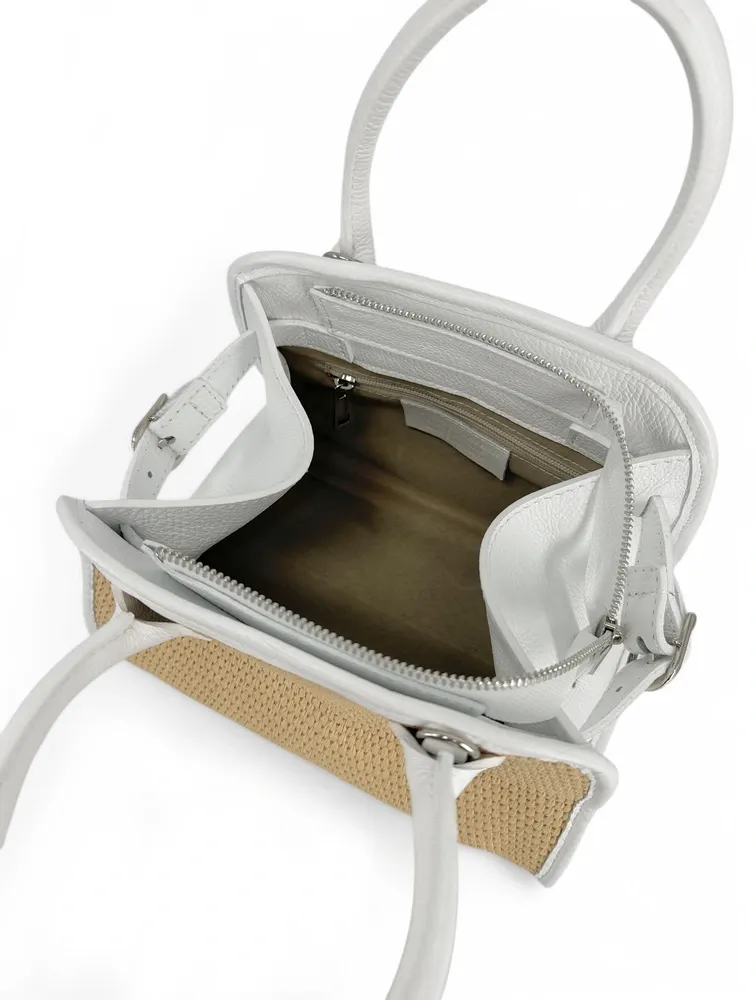 Sac bowling en cuir grainé et raphia VALENTINA Blanc