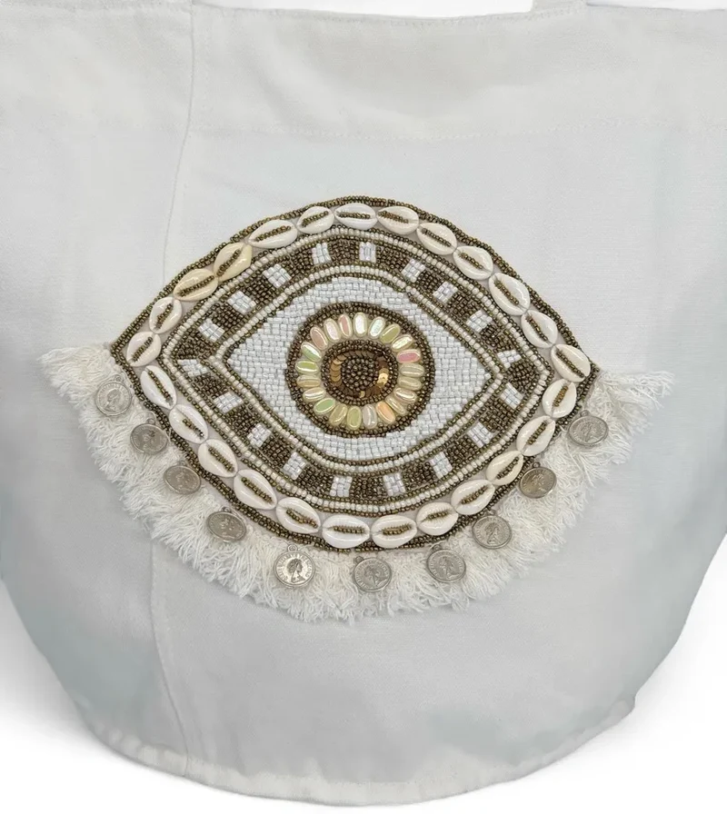 Grand sac en coton et perles I SEA YOU Blanc