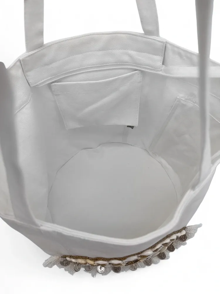 Grand sac en coton et perles I SEA YOU Blanc