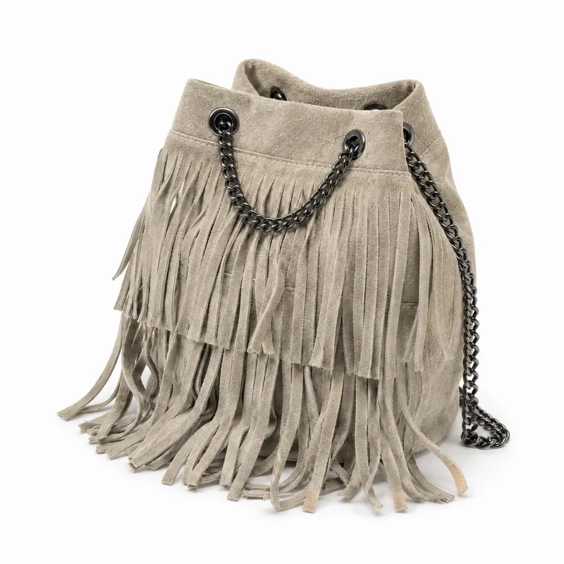 Sac à main à franges en daim TADI Taupe