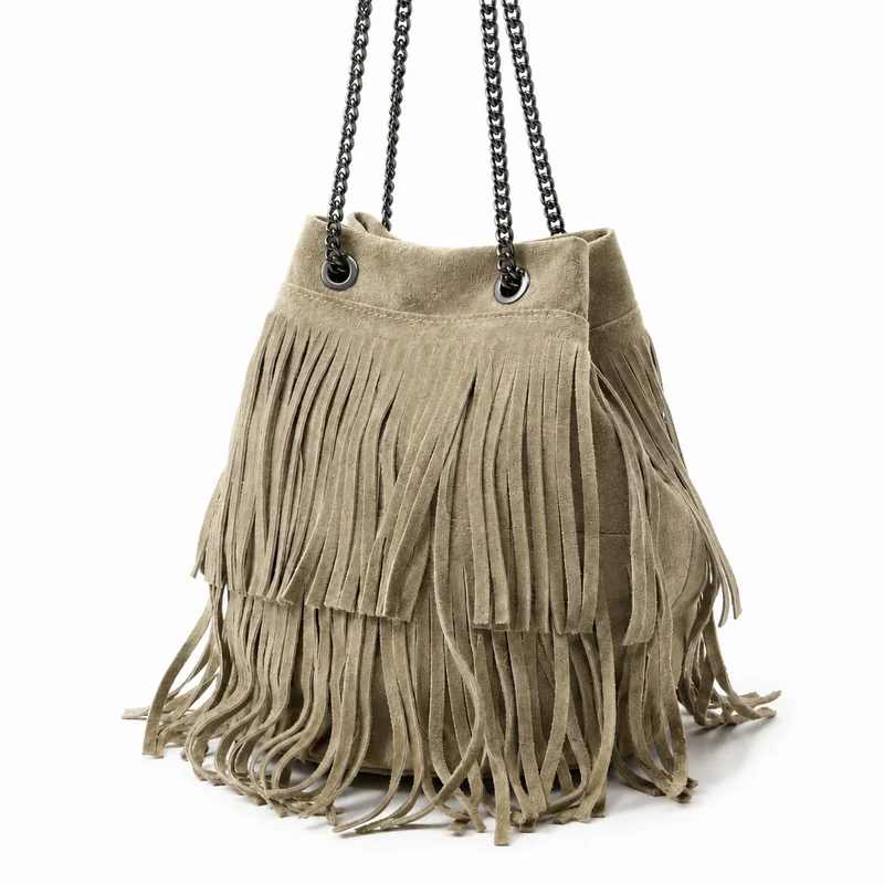 Sac à main à franges en daim TADI Taupe