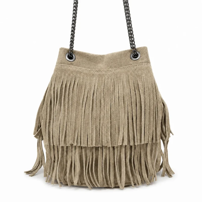 Sac à main à franges en daim TADI Taupe