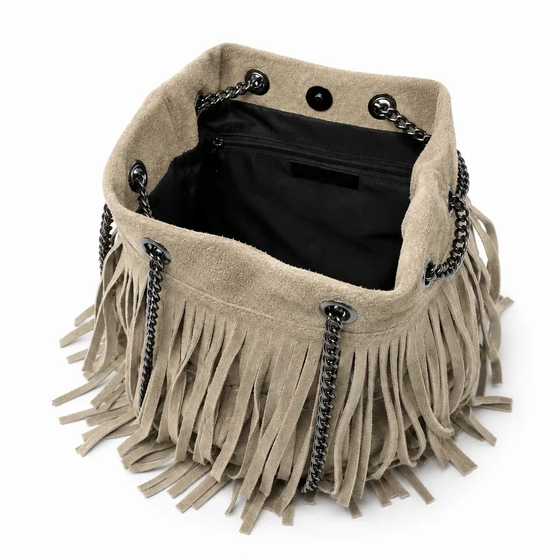 Sac à main à franges en daim TADI Taupe