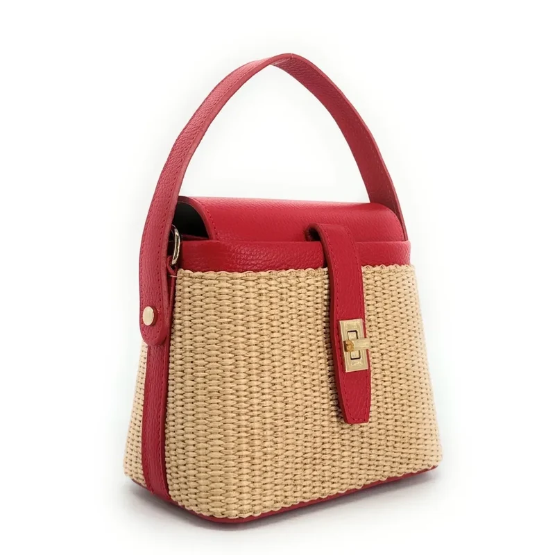 Mini-sac à main en cuir et raphia SIENNA Rouge magenta
