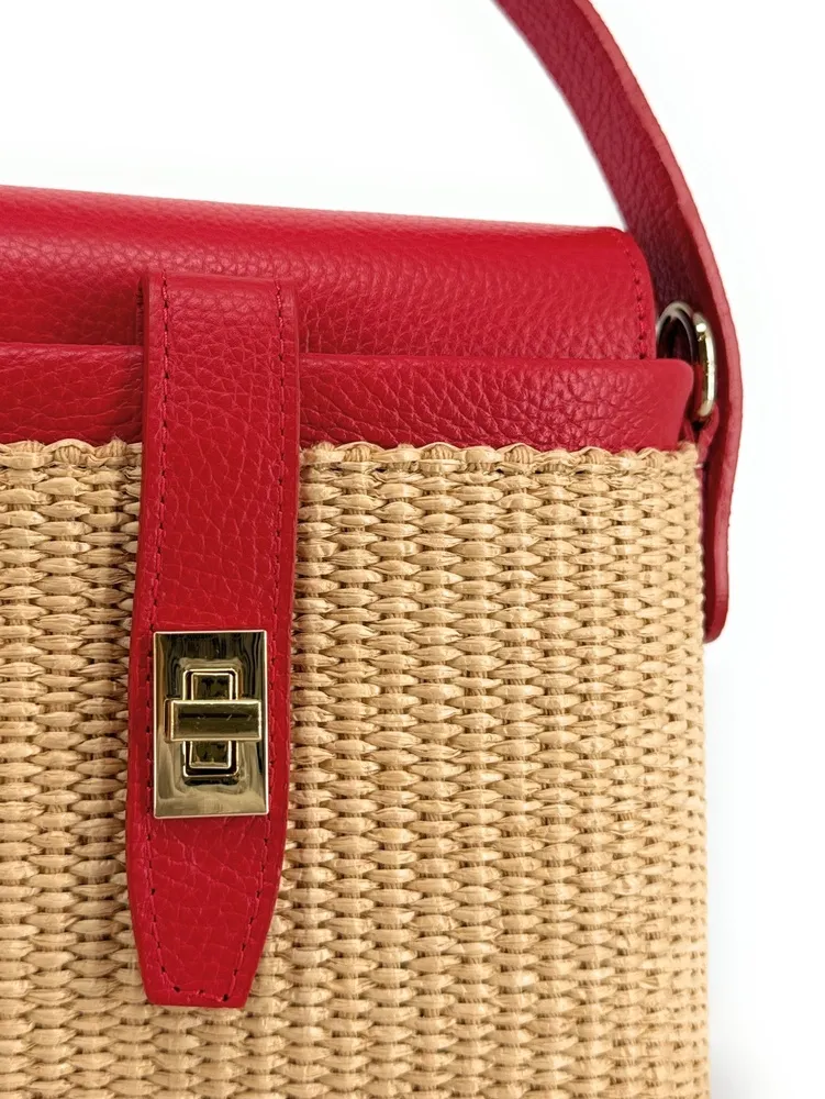 Mini-sac à main en cuir et raphia SIENNA Rouge magenta