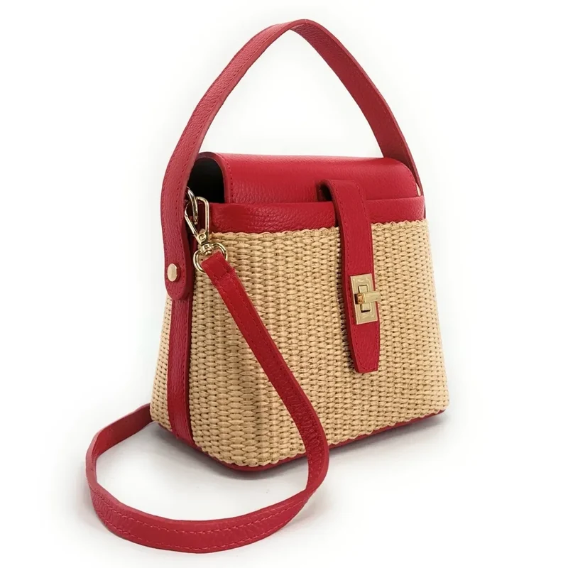 Mini-sac à main en cuir et raphia SIENNA Rouge magenta