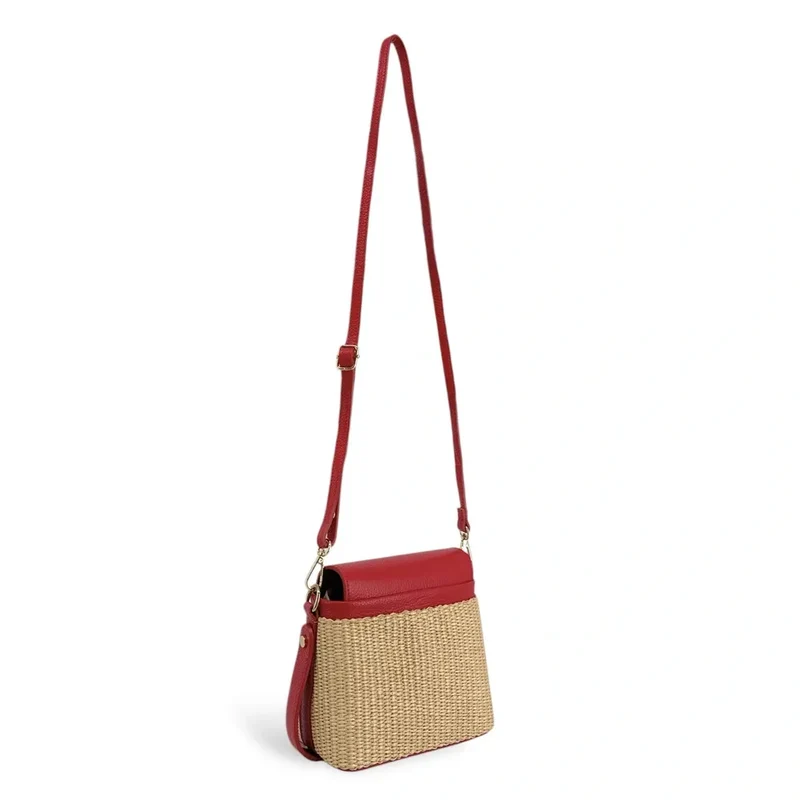 Mini-sac à main en cuir et raphia SIENNA Rouge magenta