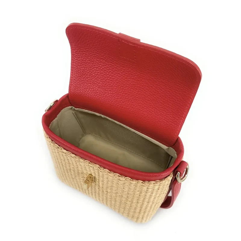 Mini-sac à main en cuir et raphia SIENNA Rouge magenta
