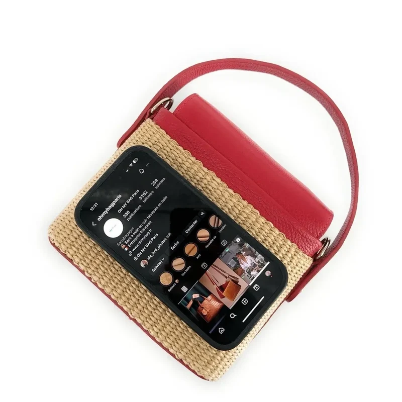 Mini-sac à main en cuir et raphia SIENNA Rouge magenta