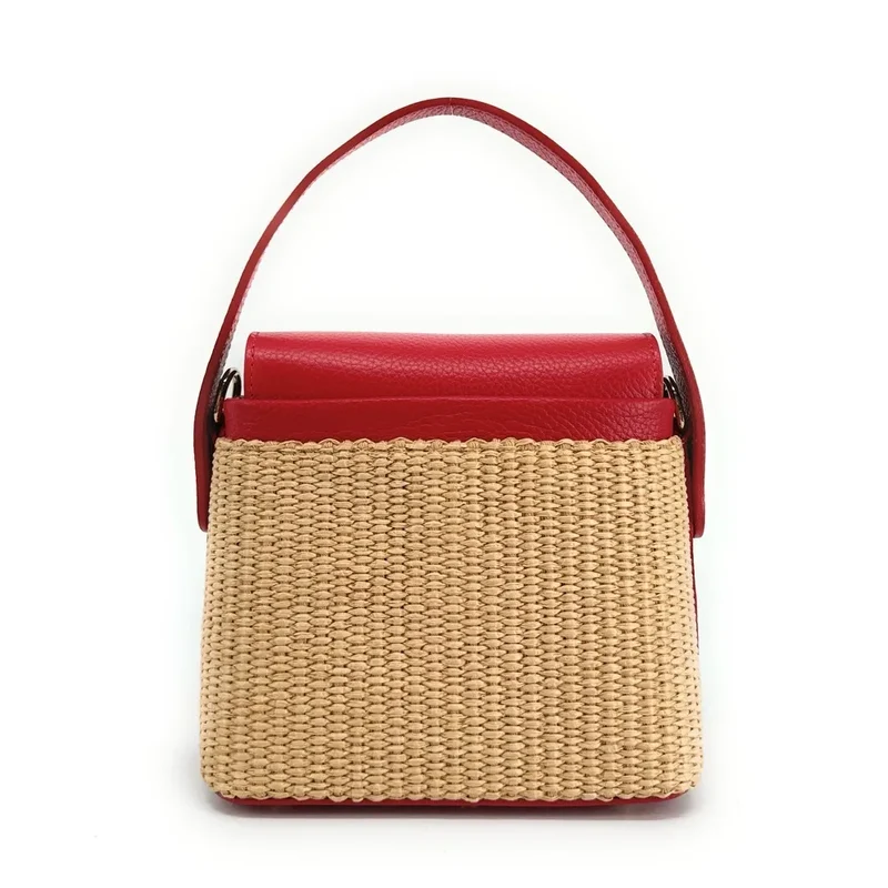 Mini-sac à main en cuir et raphia SIENNA Rouge magenta