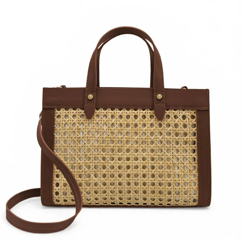 Sac cabas en cuir lisse et rotin THEOLINE Marron chocolat