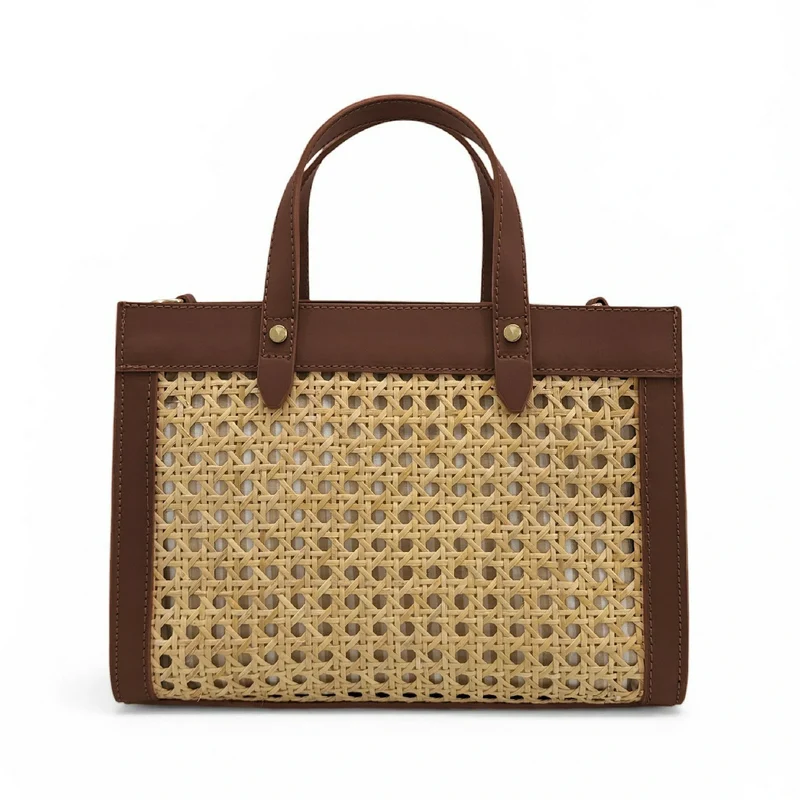 Sac cabas en cuir lisse et rotin THEOLINE Marron chocolat