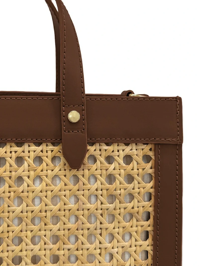 Sac cabas en cuir lisse et rotin THEOLINE Marron chocolat