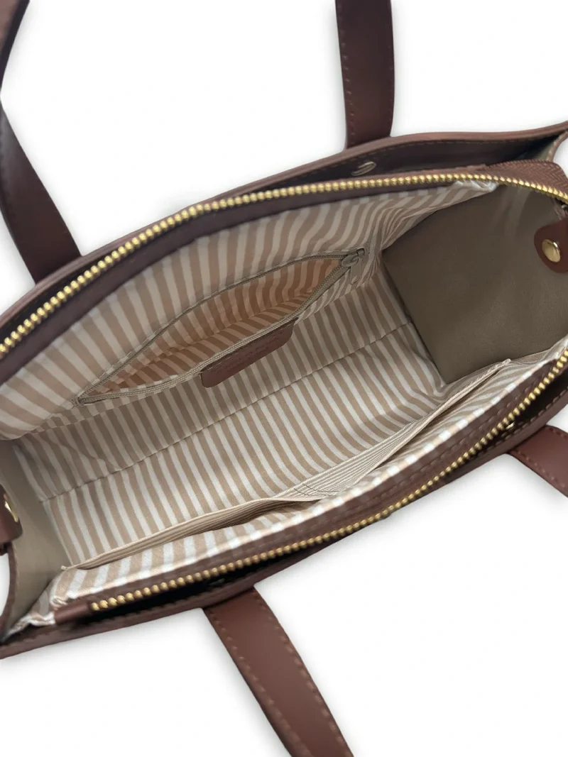 Sac cabas en cuir lisse et rotin THEOLINE Marron chocolat