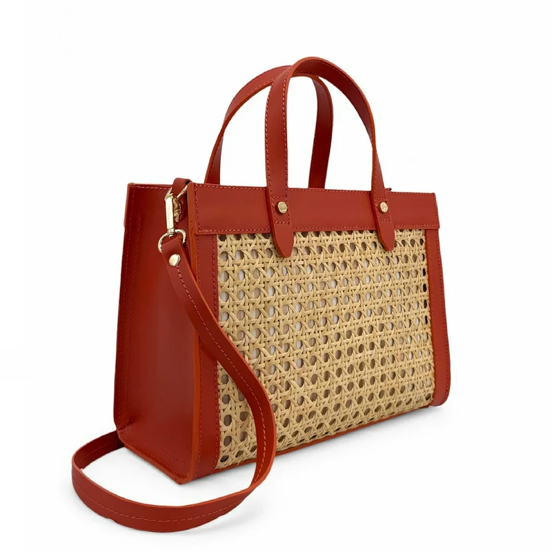 Sac cabas en cuir lisse et rotin THEOLINE Terracotta