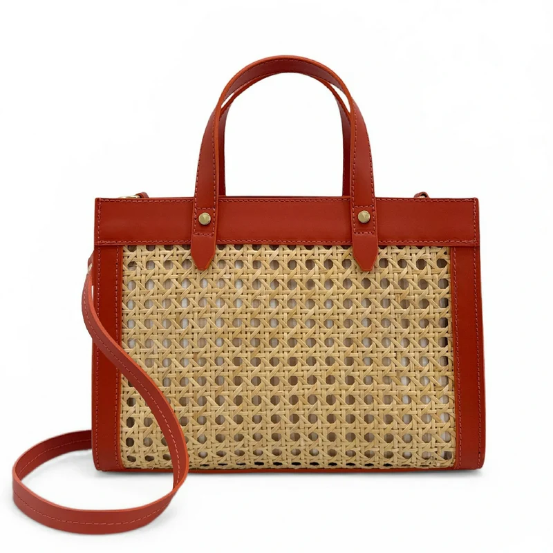 Sac cabas en cuir lisse et rotin THEOLINE Terracotta