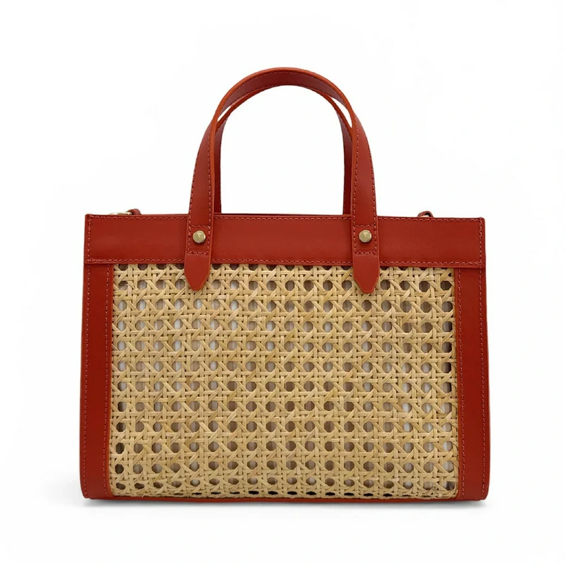Sac cabas en cuir lisse et rotin THEOLINE Terracotta