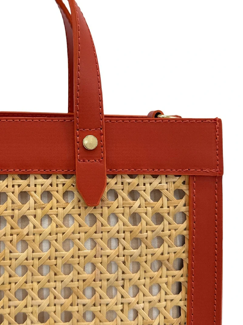 Sac cabas en cuir lisse et rotin THEOLINE Terracotta