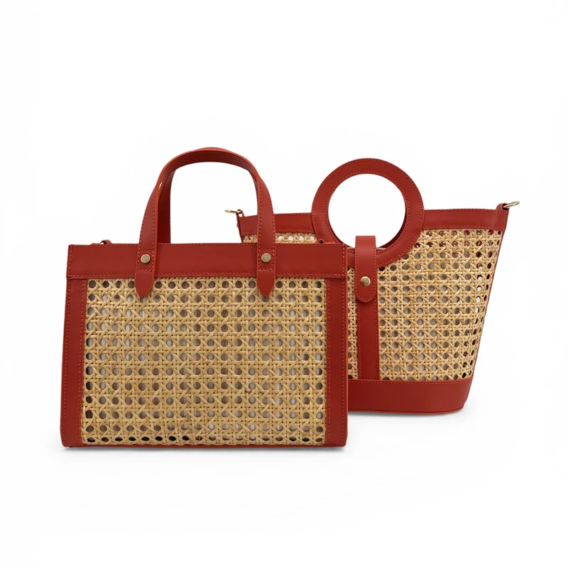 Sac cabas en cuir lisse et rotin THEOLINE Terracotta