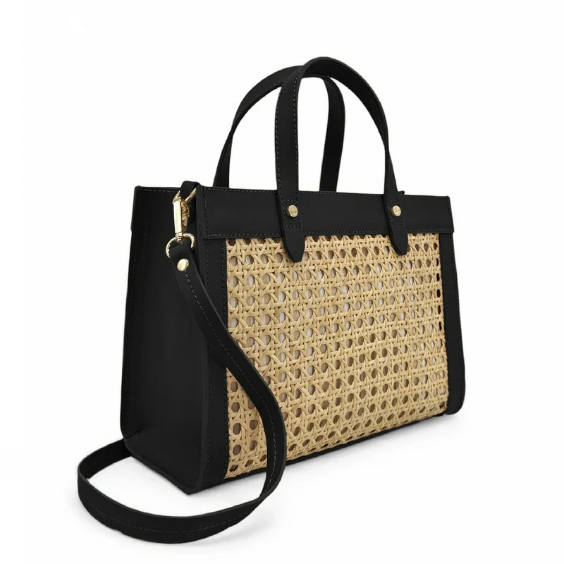 Sac cabas en cuir lisse et rotin THEOLINE Noir